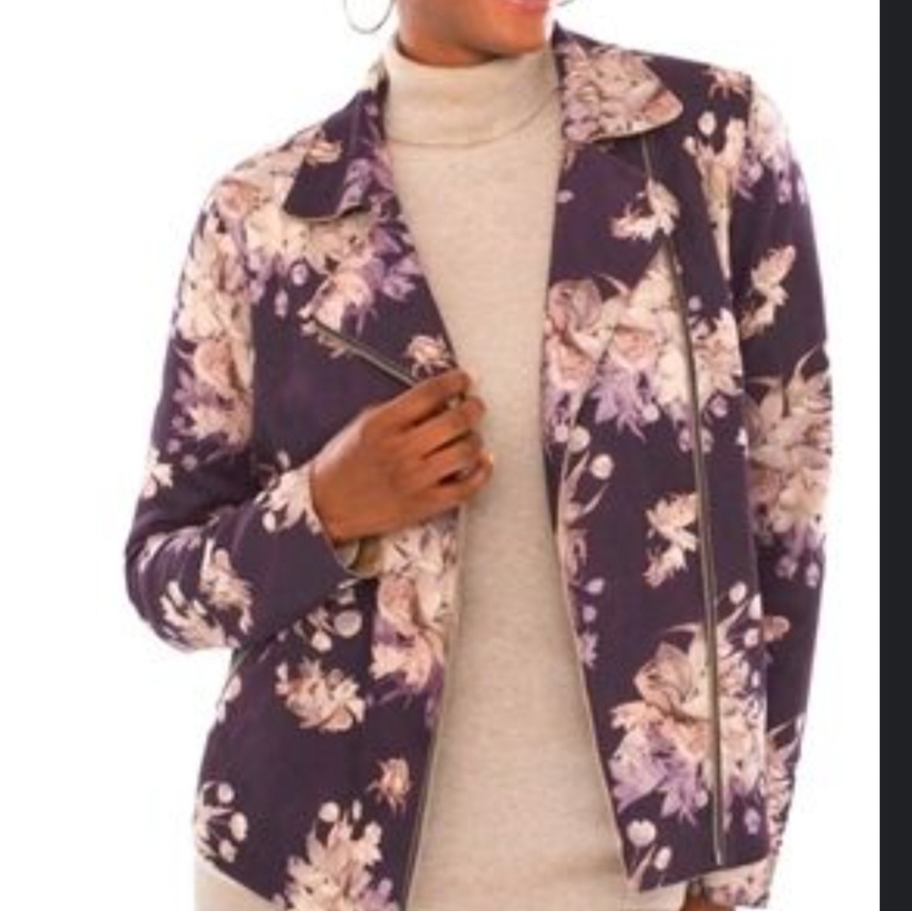 Floral Multi Color Faux Suede Jacket By Solitare EUC Sz. L Moto Open Front